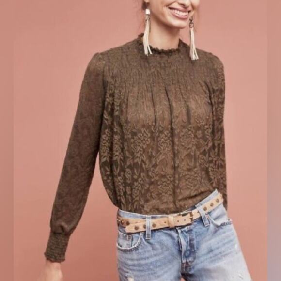 NWT Anthropologie Deletta Moss Vintage Lace Mock Neck Blouse Olive Green Small - Picture 1 of 9